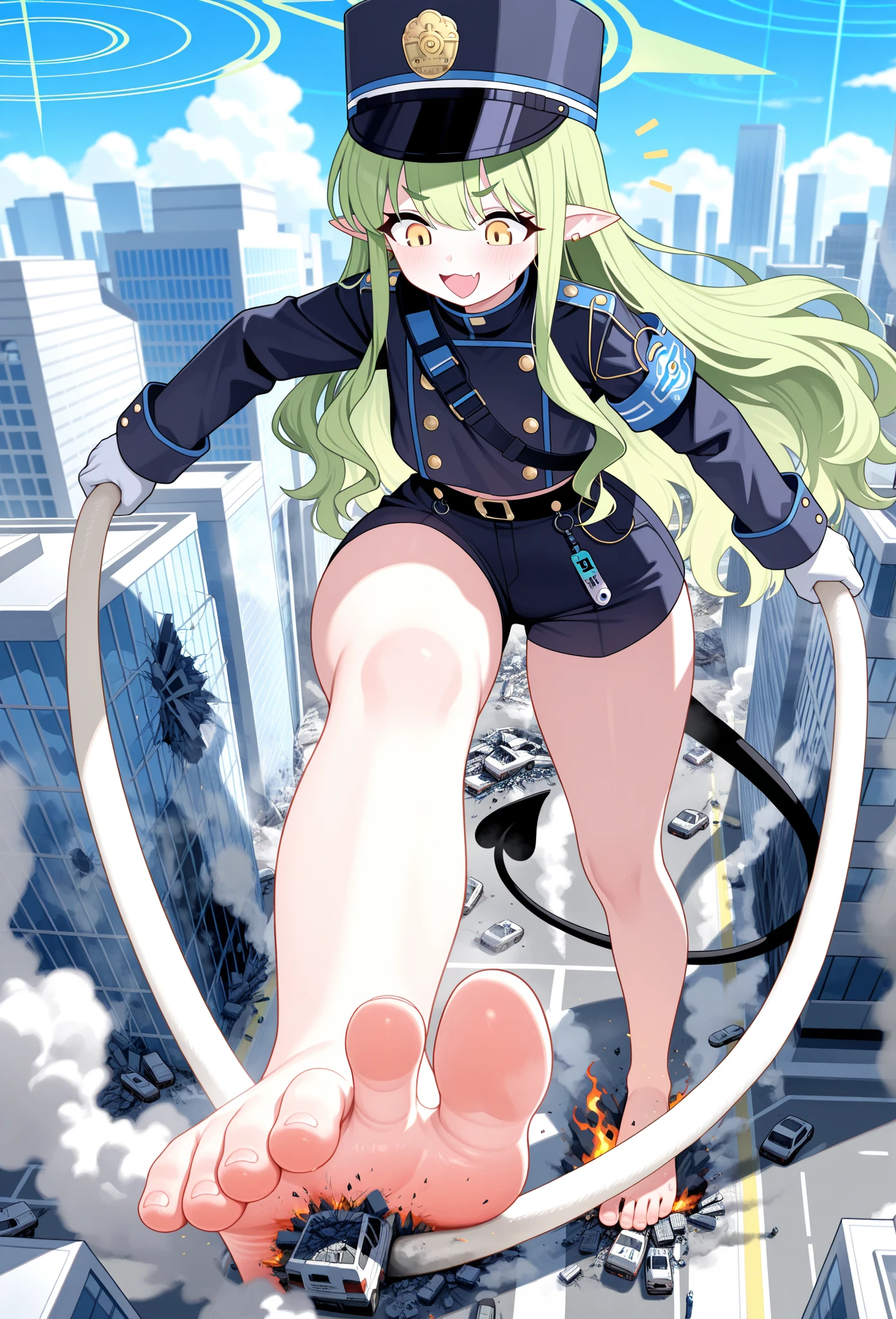 1 girl，Blushing，surprised, crouching, ((((female giant)))，Giantess art, Giantess, The girl is 50 meters tall，((Full body shot)), ((Cammy from street fighter)), ((Green leotard)), ((Tight clothrs)), ((cameltoe)), 1 anime girl, ((blonde hair)), standing in the middle of a modern miniature city, towering over buildings，(((Leaning forward))), ((looking to viewer)), ((front footage)), ((large breasts)), ((perfect legs)), ((thick thighs)), bending over modern miniature city，in the middle of a tiny miniature city, a girl taller than buildings, leaning over buildings, ((tiny people under her))