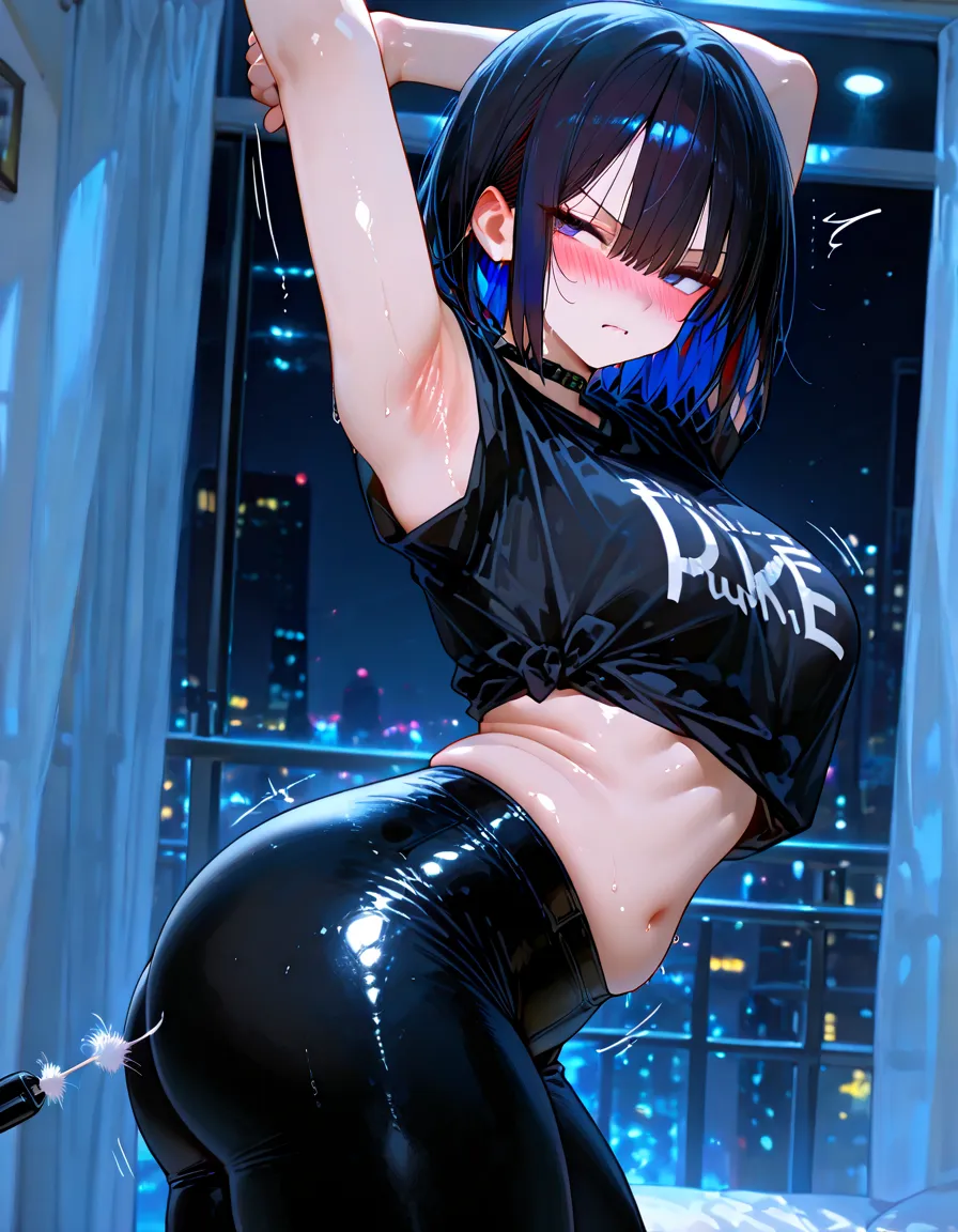 Only One Woman、Black Hair、Long Hair、ponytail、Large Breasts、(Police Officer、Light blue business shirt、Dark blue tie、Dark blue tight skirt、、Black tights、Black Loafers)、(((Incontinent))), (((Peeing))), (((Peeing on your own))), (Pee drips from the crotch), Pee stains, puddle、(squat、Spread your legs、Handcuffs、Raise your hands、Bound in chains)、(Humiliated、anger)