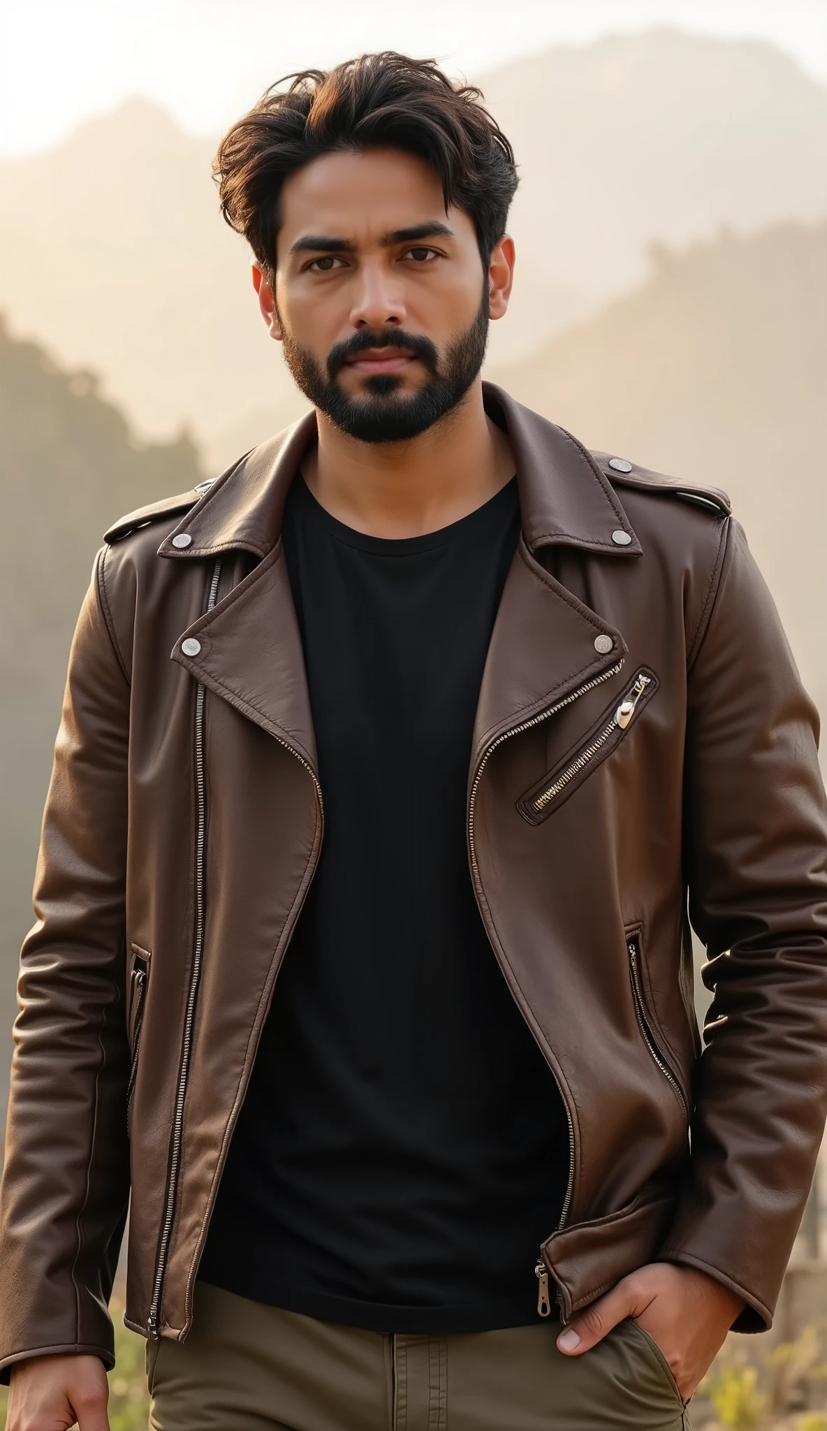 A ruggedly handsome Indian man in his late 20s with tousled black hair, hazel eyes, and a well-groomed beard. He has a chiseled jawline and a tall, athletic build. Wearing a brown leather jacket over a black t-shirt and olive cargo pants, standing in a Himalayan background with soft golden hour lighting. His expression is calm and mysterious, exuding natural confidence and charm. Ultra-realistic style, photo quality, cinematic look."