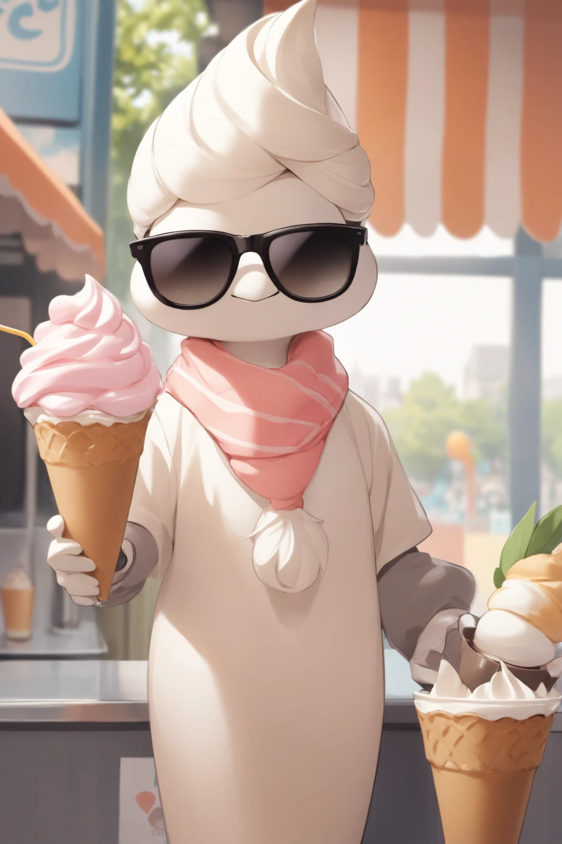 anthropomorphic soft serve instructor, wearing sunglasses