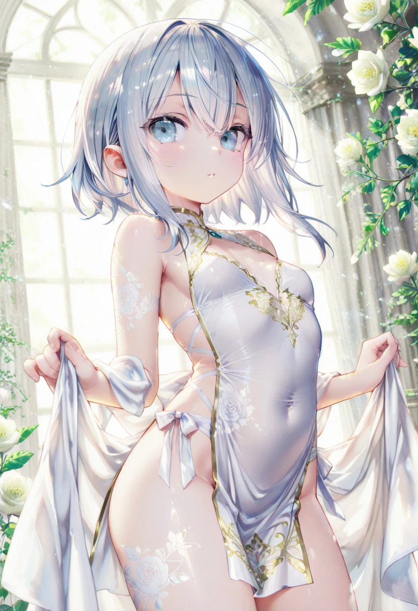 A girl with a sexy body in a transparent dress with a small nipple