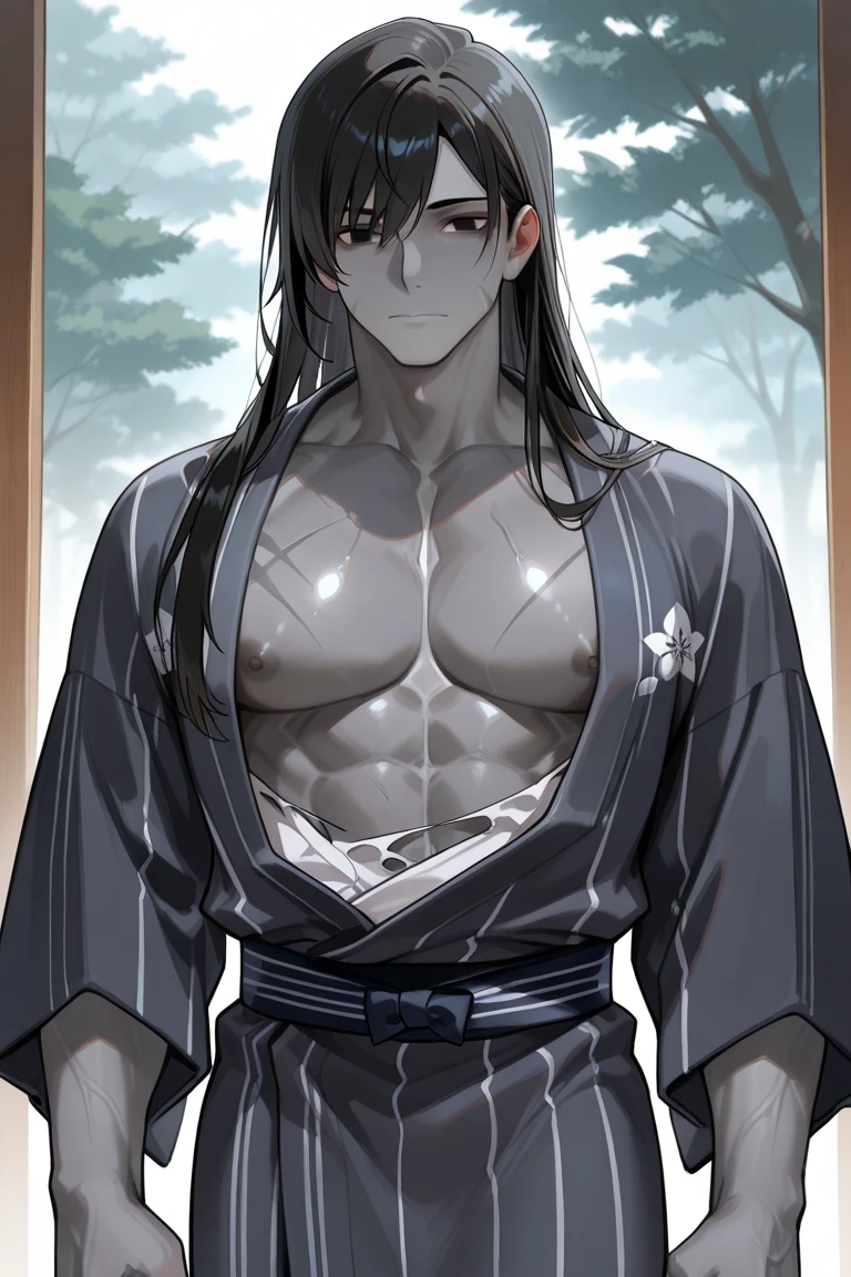 tall man with gray eyes and wavy brown hair, which he puts into a long ponytail, leaving one strand hanging down the left side of the face.[2] He has a hairy chest, arms and legs.[?] He wears a straw hat and pink, ladies&#39; flower embellished kimono, draped over the shoulders directly over the captain&#39;s haori.[2] Although his kimono and embellished belt are cheap, his hairpins with red flowers are very expensive.[3] He doesn&#39;t wear a tabi (socks) under sandals.[?] He has short stubble around his mouth and cheeks.[2] A hundred years before Aizen&#39;s betrayal, Shunsui had a short mustache above his upper lip.. Then he wore another lady&#39;s kimono, although very similar.[4][5]

After the battle with Wandenreich, Shunsui began wearing an eyepatch over his right eye., which was damaged during the battle. The top of his right ear was also cut off, and a scar appeared on his temple.[6]

Shunsui had shorter, unkempt hair as a .. He wore a patterned kimono
