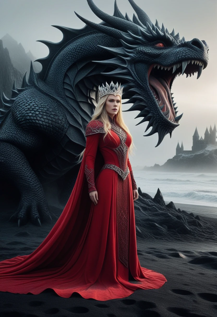 A woman with long straight blonde hair. She is dressed in a red flowing garment and wears a crystal crown. She is towered over by a colossal menacing ObsidianSand dragon positioned behind her. The dragon's mouth is open and reveals sharp teeth. The background is a muted foggy landscape, enhancing the mystical and dramatic atmosphere. The composition is vertical with the woman and dragon positioned centrally, creating a striking contrast between the human and mythical elements. side view, made out of fractangles, lazypos, perfect_face, perfect_hands