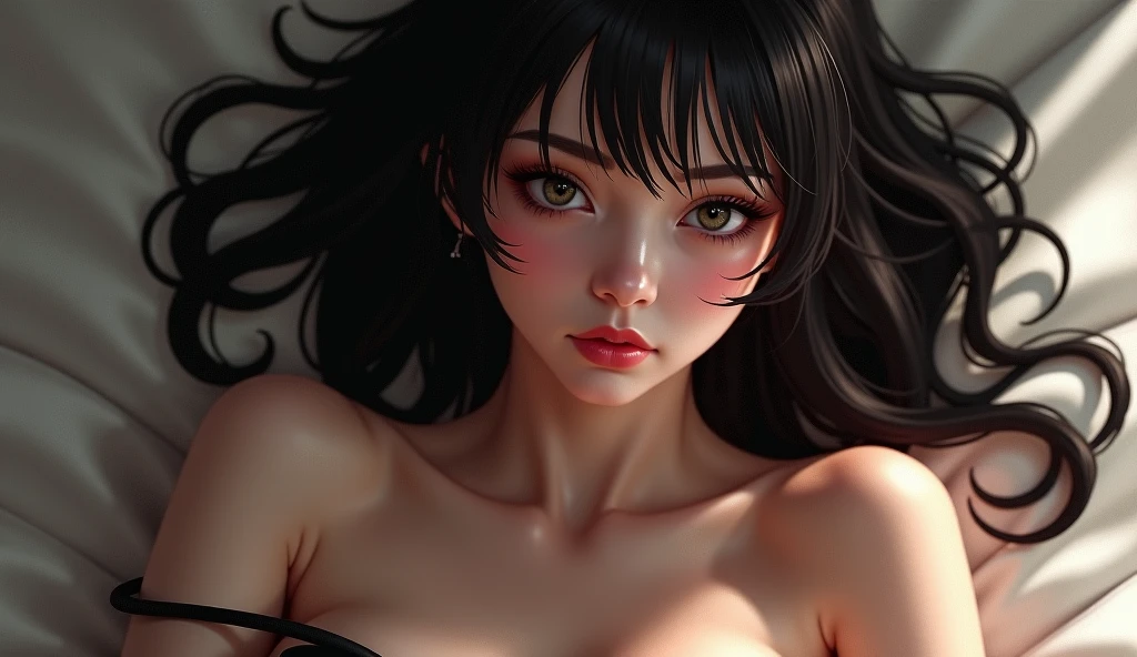((Nezuko Komado)), black hair, pink eyes, (anime style),masterpiece, best quality, ultra-detailed, glistening shiny, glowing light, ray tracing, HDR, deph of field, (perfect face, detailed face, detailed eyes),(big boobs:1.2),8k,HD,ultra realistic face,ray tracing,perfect lighting,best quality, ultra-detailed, shiny eyes, (looking at viewer,sensual smile:1.1), ((1girl)), (gyaru, mature female:1.4),hourglass_body shape, ,long hair,((Beautiful hair)), gradient eyes, (glowing eyes:1.1), (fashion make up), parted lips,gold metallic bikini, gold elements, sparks, piercing, ear piercing, bright pupils, bead bracelet, (((white background)), portrait, photorealistic, detailed coloring, detailed high quality, chromatic aberrations, ultra detailed quality skin, detailed ray tracing lighting

