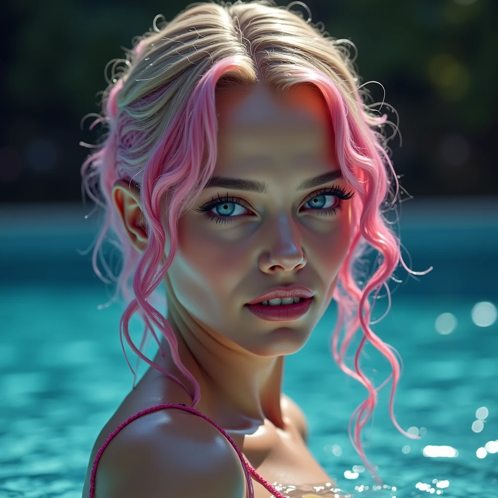 fisheye lens, best quality, masterpiece, ultra detailed, ultra high res, realistic, bright colour, female, extremely large breast, very long pink mohawk hair, tiny pink see through bikini, front view, under water,