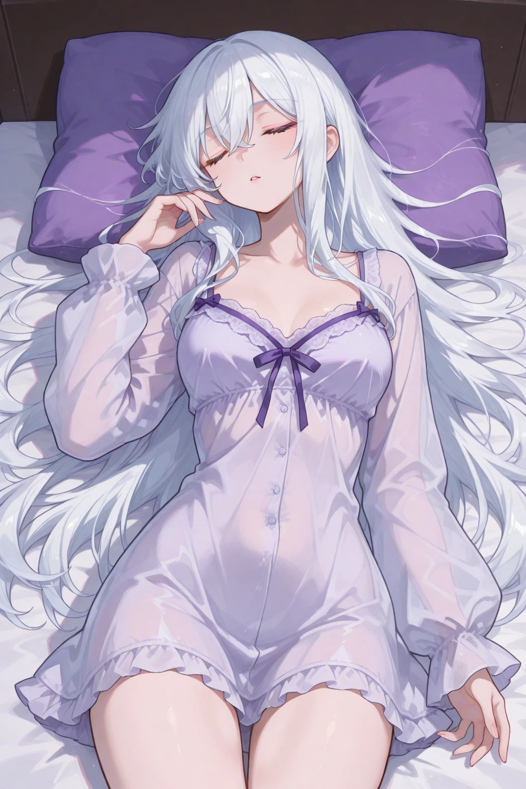 ,Highest quality,Silver Hair,Brown skin,Dark Skin,Sunburn,Purple Eyes,Very long hair,Straight Hair,Flat breasts,pajamas,Bedroom,On the bed,slender,Large stuffed animal