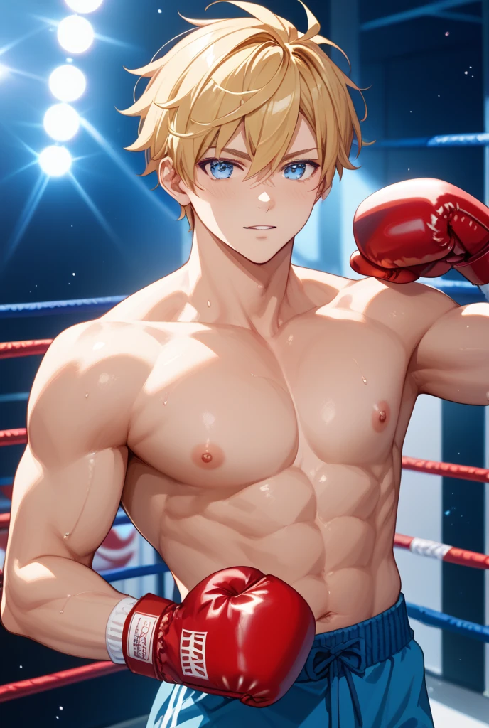 1guy, solid dude, gallant beau, blonde, tsurime, sanpaku, blue eyes, spiked hair, 24yo, heavy weight muscular, handsome wrestler, stocky waist, BREAK ideal ratio body proportions, sharp eyes, beautiful detailed eyes, toned body, elder chinpira, dark pupil, masculine playboy, builtfat, tough caucasian, BREAK solo, topless, black wrestling bikini, nipples, abs, fighting stance, on wrestling ring, detailed background, hollywood action, provocative smile, BREAK upperlegs focus, dramatic expression, 1990s, in capcom art style, in color comic style, in game illustration style, depth of field, dutch angle, cinematic shadows, cinematic lighting, lens flare, light leaks, VHS Quality, texture, absurdres absolutely resolution, extreme all detailed, greatest painting, BREAK masterpiece, best quality, BREAK score_9, score_8_up, score_7_up, source_anime, rating_safe, score_6_up, score_5_up, score_4_up 
