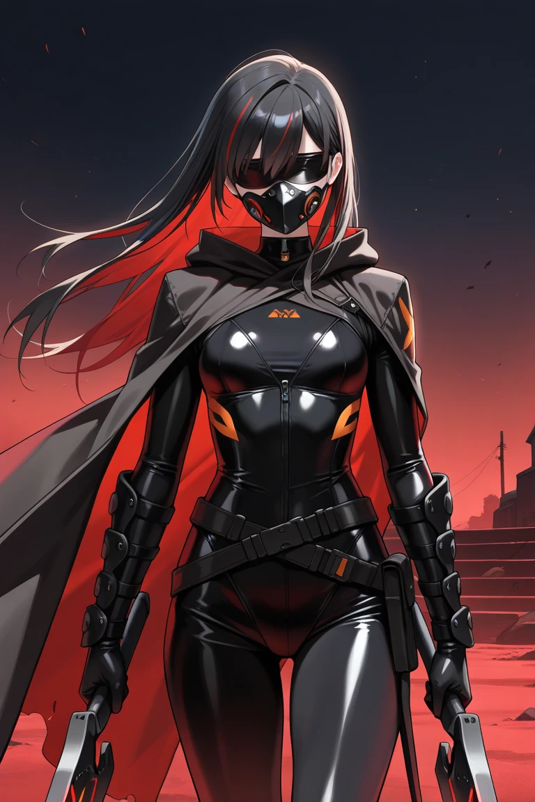 masterpiece, top-quality, 1girl in, (Mask), Compound eye helmet, Black Battlesuit, Exterior Silver Body Armor,Orange Rubber Belt Bondage Suit,Fate,suns,dancer,Colossal tits,Nice Buddy,Hand Hook,Brown hair,Red Flower Hair Ornament,
