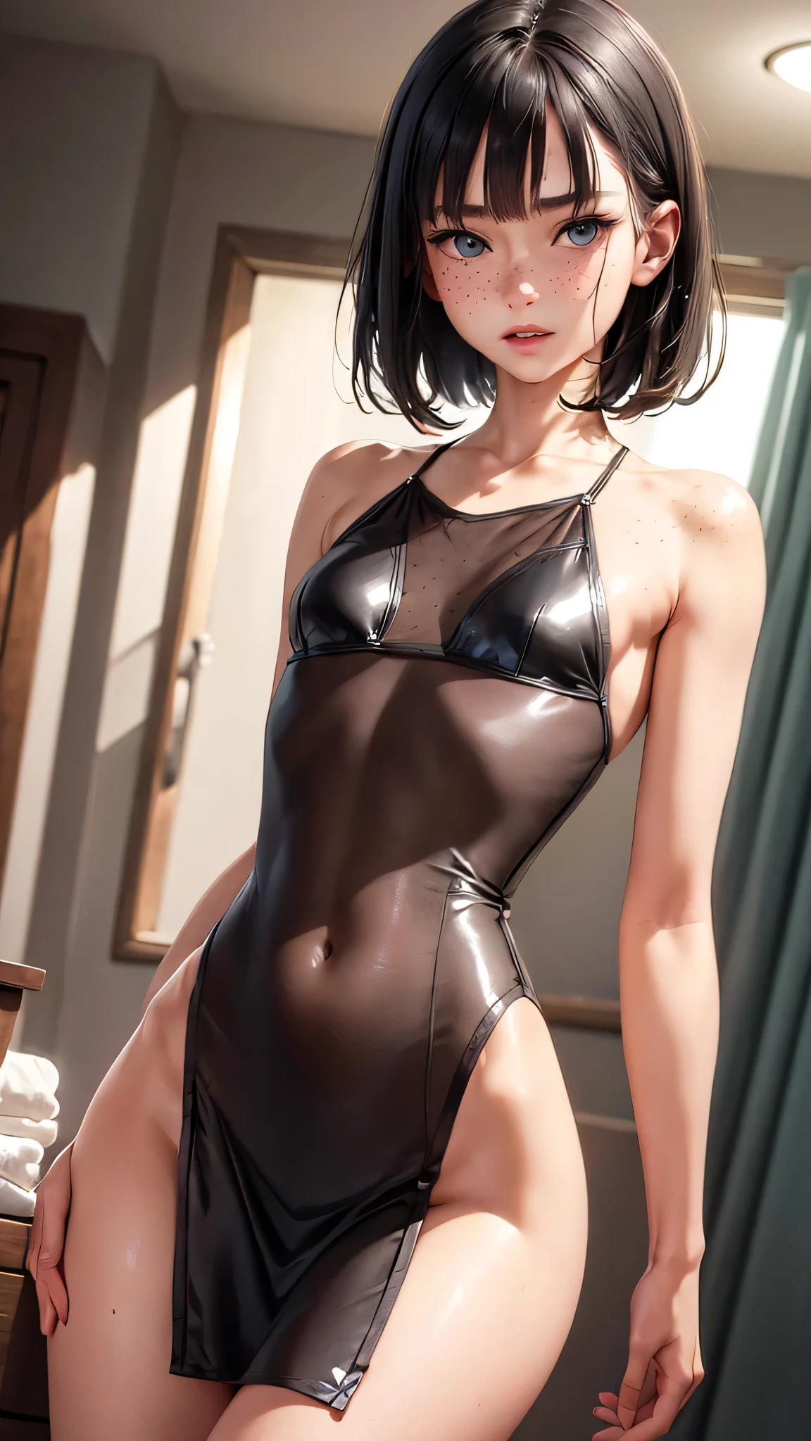 (Masterpiece:1.2),(CGI Art:1.3),(Realistic:1.5),(post-proces:1.3),(Sharp focus:1.3),8K,1 girl in bedroom, short hair ((Upper body)), ((riskyproject)), (((Shiny skin))), (Wide shot:1.4), window, (((wet clothes see through))), (high shadows detail) , (illustration:1.2), (Ulzzang-6500:1.0), ((hdr)), wet clothes, see through clothes, wet skin, thong, see through dress, dark eyeliner, perky nipples, small breasts, lidded eyes, gray eyes, duck lips