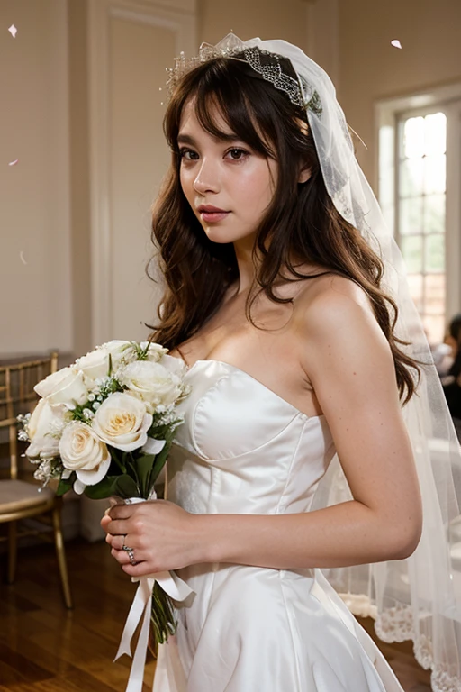 The bride in a white wedding dress holds a bouquet of flowers in the white room, wearing organza gown, in front of white back drop, White gown, 🤬 🤮 💕 🎀, white regal gown, Wearing a wedding dress, 3/4 Front view, detailled image, Wedding dress, eora, white backgrounid, Full front view, yasumoto oka, 2 9 years old
