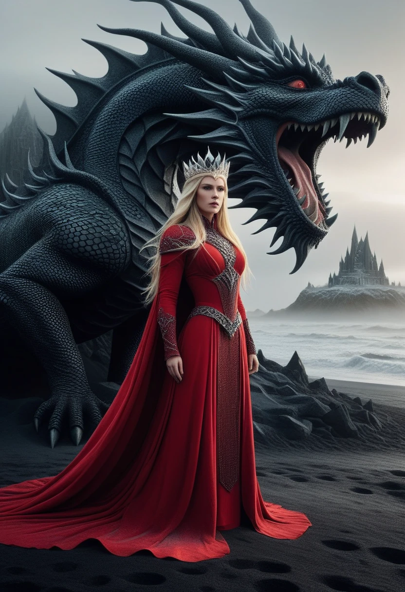 A woman with long straight blonde hair. She is dressed in a red flowing garment and wears a crystal crown. She is towered over by a colossal menacing ObsidianSand dragon positioned behind her. The dragon's mouth is open and reveals sharp teeth. The background is a muted foggy landscape, enhancing the mystical and dramatic atmosphere. The composition is vertical with the woman and dragon positioned centrally, creating a striking contrast between the human and mythical elements. side view, made out of fractangles, lazypos, perfect_face, perfect_hands