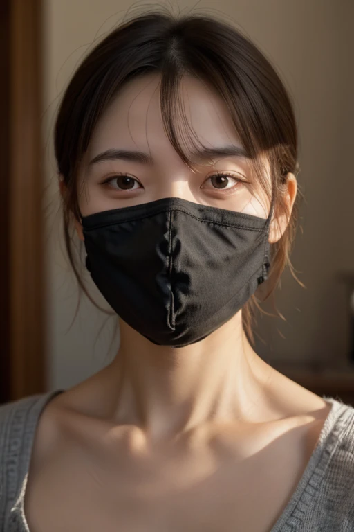 (((masterpiece, best quality,ultra-detailed,8k,high resolution))), (upper body),24 years old ,Japanese girl, (1girl, solo),short hair,(Cover face with a turtleneck sweater:1.9),grabbing turtleneck collar