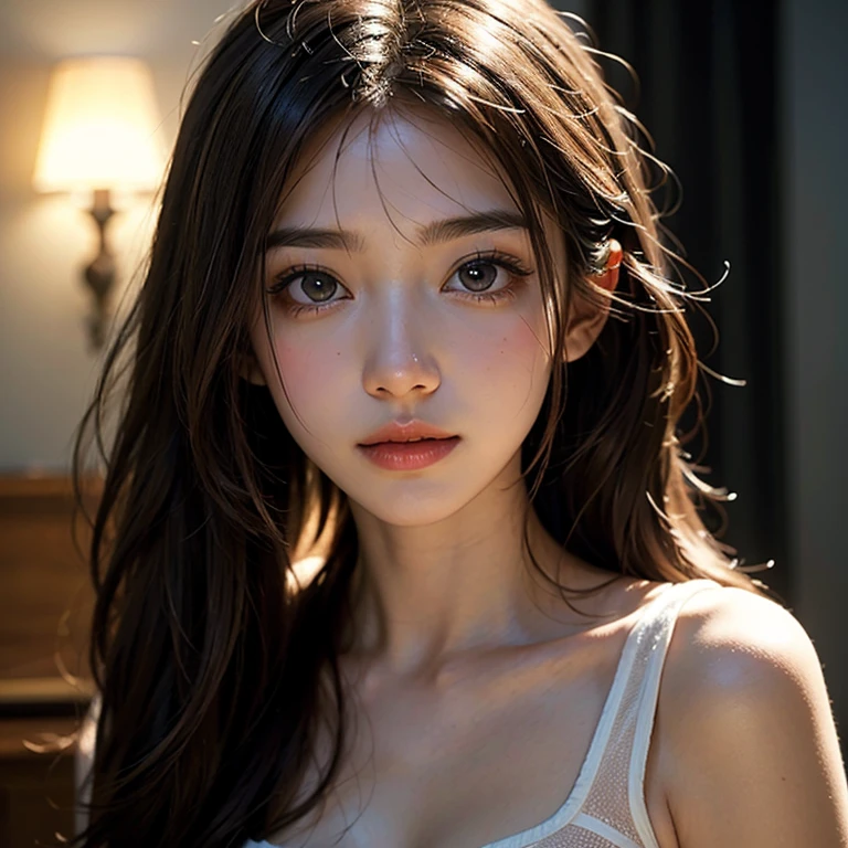 highest quality, masterpiece, ultra high resolution, (realistic:1.5), Raw photo, 1 girl, off shoulder, in the dark, deep shadow, discreet key, cold light, sexy look, Naked 1.5. Small Breasts