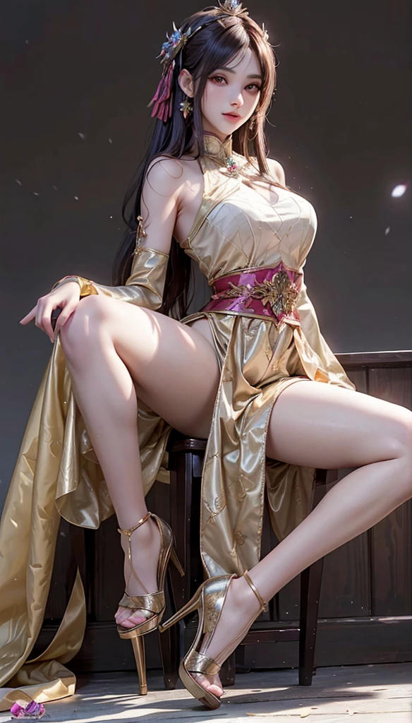 ((masterpiece,best quality)),(extremely detailed CG unity 8k wallpaper),1 girl,  face,blush,very huge breasts,huge areolae, gold trim, gold, seat, full body, topless, (gold trim red hood),  (gold red cape), veiny breasts,  bottomless, gold side-tie panties, thigh strap, light smile, against chair, rich,gem, hair flower, flower, flower hair ornament, silk, silk on pew, sitting on pew,cathedral, stained glass, leaning to the left, arm under breasts, red gemstone, obsidian,gold coin, no bra, naked gold lace trim cloak, cunnilingus gesture,