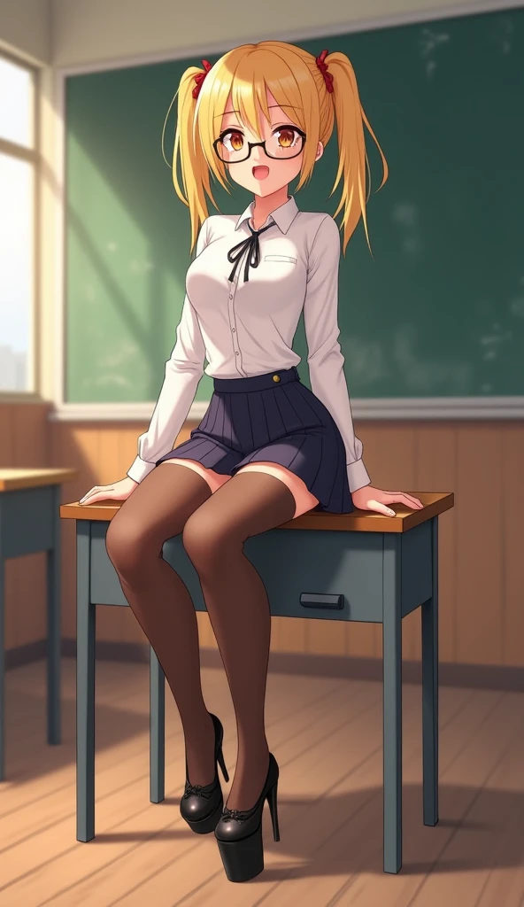 anime, beautiful face, highly detailed face, detailed perfect eyes, perfect hair, perfect lips, accurate arms, accurate hands, accurate legs, accurate footware. highly detailed background, perfect lighting, full body, 1girl, solo, ruby hoshino, ruby, oshi no ko, in school, in classroom, heels, blonde hair, thighhighs, stockings, bedroom, absurdres, high res, ultrasharp, 8K, masterpiece, looking at viewer, (sexy pose:1.4), (full body:1.5), horny face, teasing face, school outfit, school uniform, skirt, beautiful panties, cleavage, sitting down, body face away from viewer, looking back over her shoulder, view from behind, ass view, reverse cowgirl position, riding position.