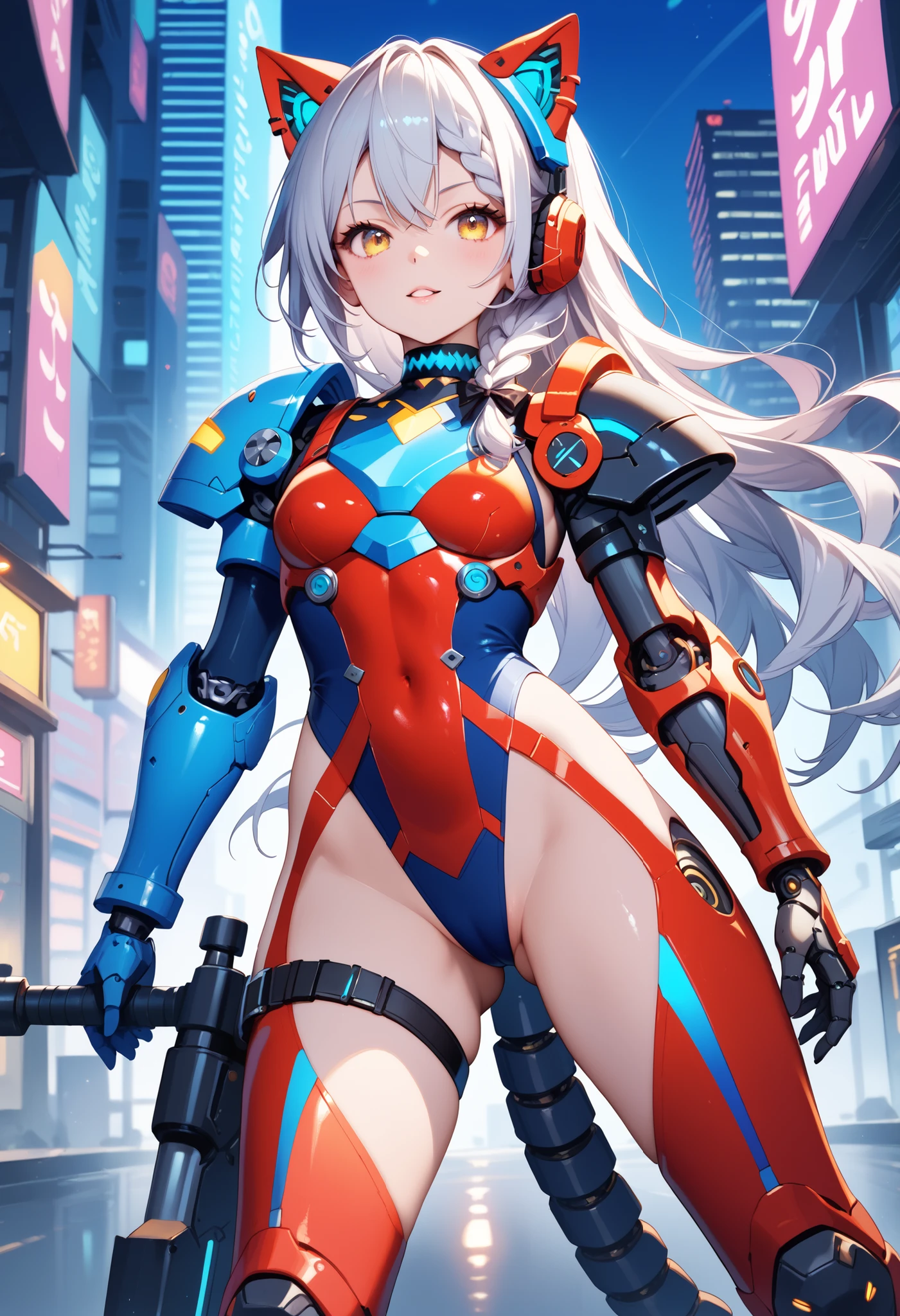 A girl is posing for a photo,pretty girl,Enchanting girl,Anime Girls,
(((One Girl,Baby Face,16 years old))),
(((Red and White Cybersuit)), ((cyborg、Robot Girl、rifle)))、head band、
BREAK
(Beautiful Hair,Shiny Hair),(Black and gray hair、Hair blowing in the wind、Long Hair、白streaked hair:1.4),
(Expression of fine eyes,Beautiful and delicate eyes,Sparkling eyes,Eye Reflexes),(black eye),
double eyelid,Long eyelashes,
(Beautiful Nose,Thin Nose),
(Glossy lips,Beautiful Lips,Thick lips),
(Symmetrical facial features,Perfect Face),(((Detailed skin,Oily skin,Textured skin,Beautiful Skin))),
break
(Serious expression、Glaring),
((night、SF World、Ruined City, ruins)),((Dynamic Pose、front view、Cowboy Shot)),
break
(((highest quality)),((masterpiece)),((Very detailed))),((High resolution),(8k),(16k,1080p),(Anime 2D Rendering)),
(Anatomically correct),(Line art),(Black outline),