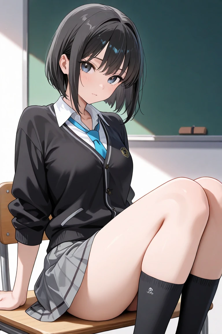 ((highest quality)), ((masterpiece)), (detailed), Perfect Face,classroom,detailed eye,1woman,18yo,Side-swept bangs 1.4,short hair,black hair,Natural Makeup1.3，Earrings,White blouse,Blue Ribbon Tie,Grey mini pleated skirt,Pink Panties,Girl sitting,spread leg,Panty shot,from below