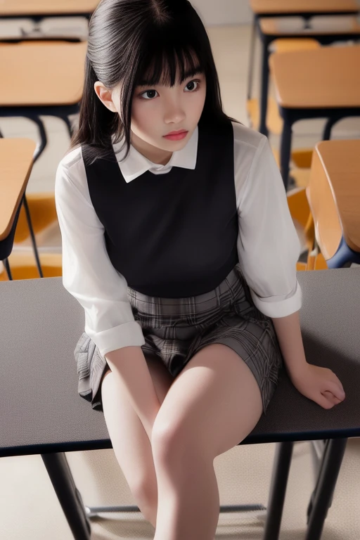 (SONY_a1.SEL50F12GM.Shooting in combination with), (1girl in), Solo, Amazing face and eyes, Serious face, (School uniform, Pleated skirt,:1.3), (Best Quality:1.4), extremely detailed CG unified 8k wallpaper, Highly detailed, High-definition raw color photos, professional photograpy, Realistic portrait, (Closed, Abandoned classrooms, Broken desk, Broken chair:1.5), (Dark classroom:1.3), A scene from a horror movie,Blushing、Soaking wet、See-through clothes