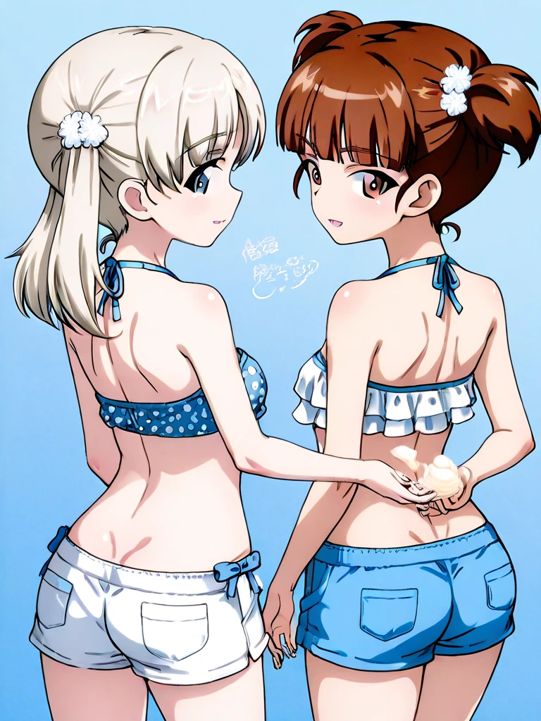 nsfw:1.2,Watanabe Yo, Tight swimsuit, Photo pose,(smile:0.7), Medium chest, From behind, Wedge Shape,Bare back, A little bigger ass