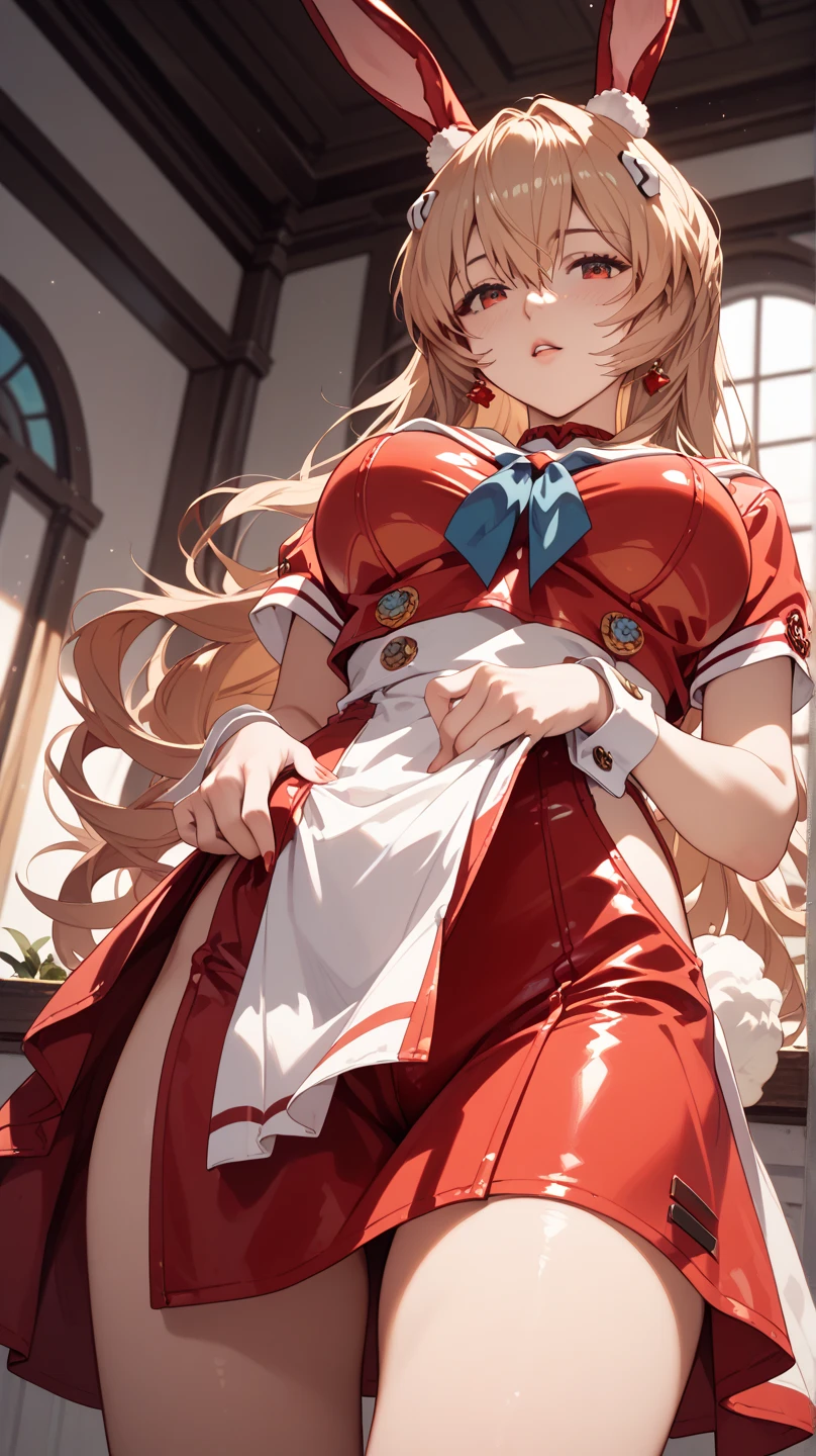masterpiece, best quality, highres, hmmisaki, long hair, symbol-shaped pupils, +_+, large breasts, white gloves, elbow gloves, white thighhighs, smile,
