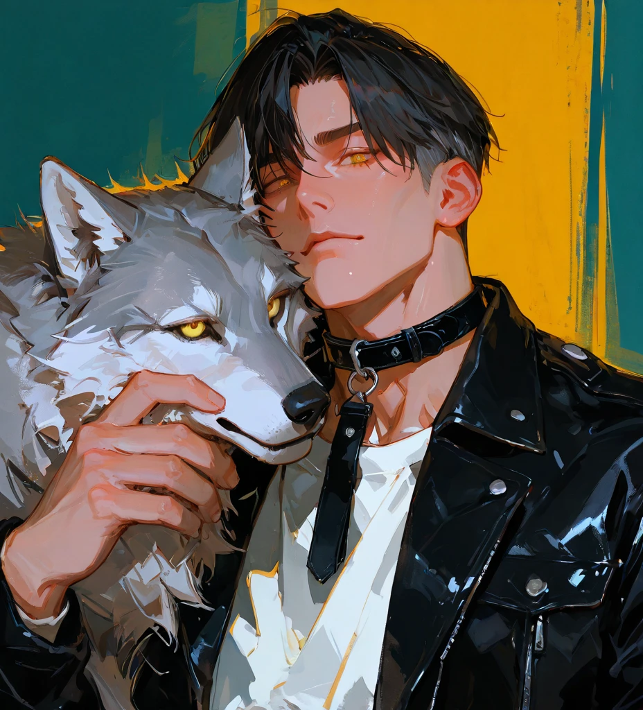 Boy lying on bed with wolfs