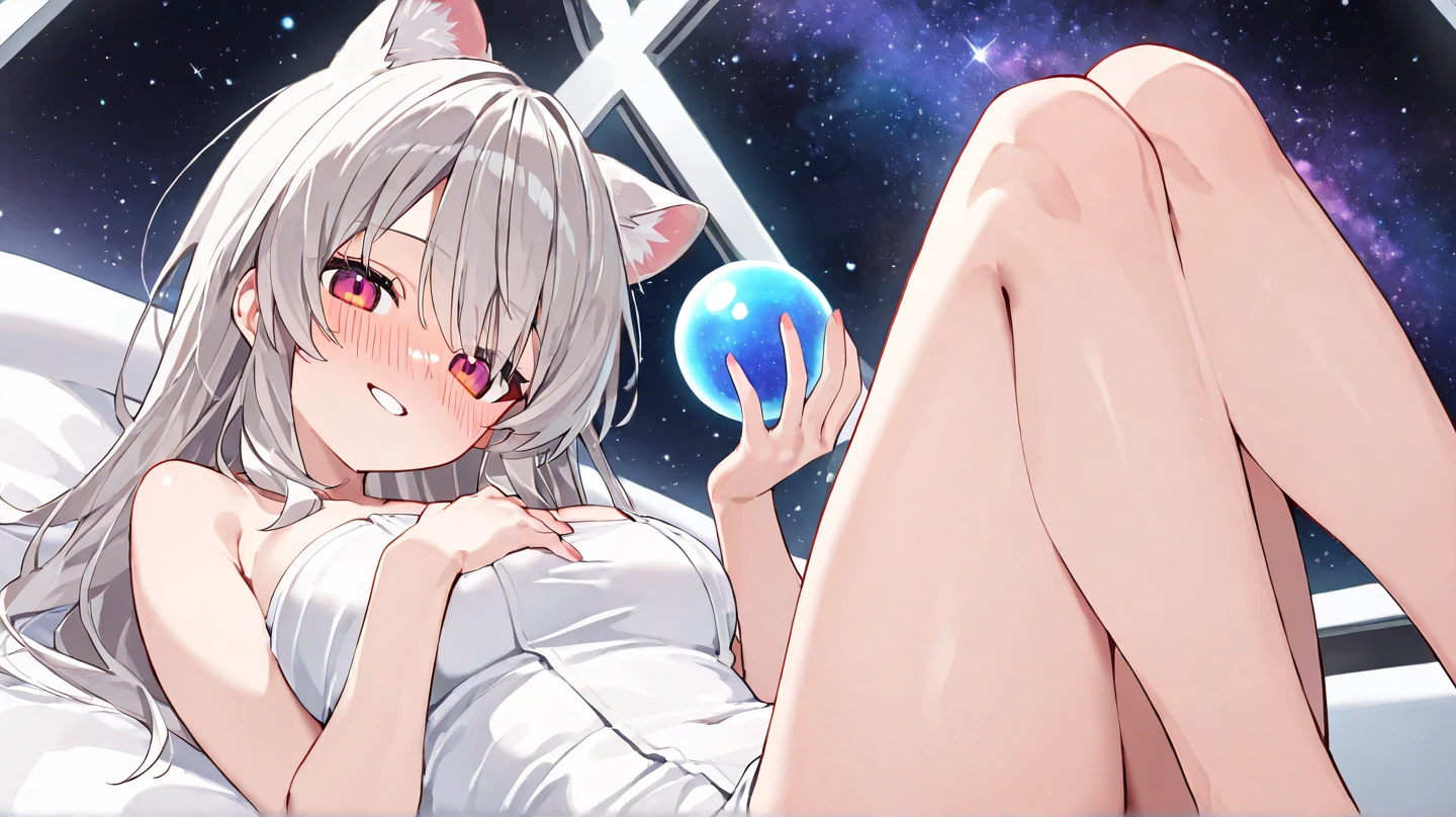 work of art, 1 girl, spaceship interior, totally naked, trunk, Science fiction, yellow eyes, twintails, silver hair, Cat's ears, gazing at viewer, gaping mouth, holding the earth \(planet\), eating,