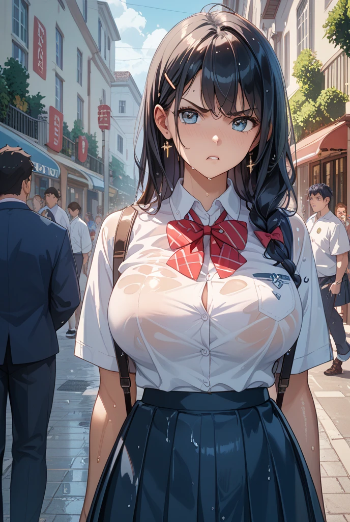 ((masterpiece,Highest quality:1.3,best quality illustration,realistic:1.3)),cowboy shot,solo,1woman,(18-year-old、Japanese Beauty)、brown hair,long hair,bangs,brown eyes,gorgeous eyes,((very small head:1.3)),blush,Heavy breathing,((very long body:1.2,skinny)),medium breasts,(Red ribbon tie、White collared shirt、Long sleeve navy blue pleated mini skirt、Wet crotch),sweat,gleaming skin,toned body,slender body,walk、on street,Collapsed building、shibuya.End of the World、