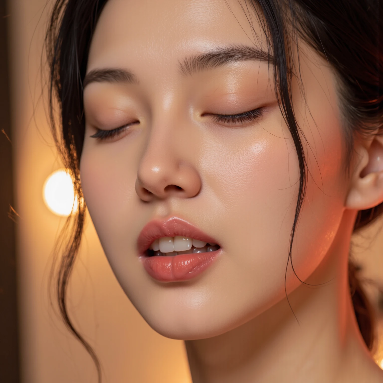 ((Surreal、Super detailed image, maybe a photo.,Captures the details of the skin texture of an incredibly beautiful woman.))long black hair。Close portrait with eyes closed, open mouth. orgasm, taking a bath, warm bath water, steam, relaxed expression,