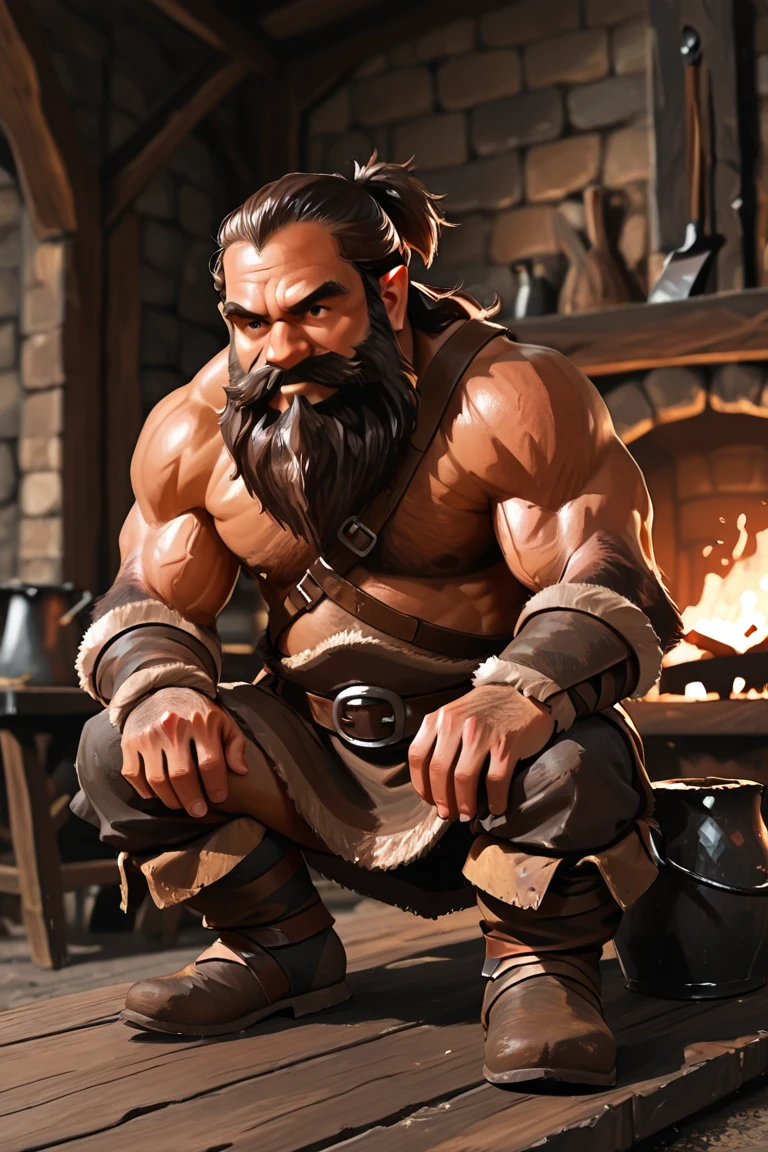 Medieval fantasy Human prisoners in an Orc village breaking down a freshly hunted boar for the tribe to cook later. Sweat. Muscles. Dirt. Worn clothes. Torn clothes. Big muscles. Broad shoulders. Thick meaty pecs. Worn and torn shirt. Bloody hands. Blood stained clothes. Tusks. Crotch bulge. Bulging crotch. Growing muscles. Round ears with slight point.