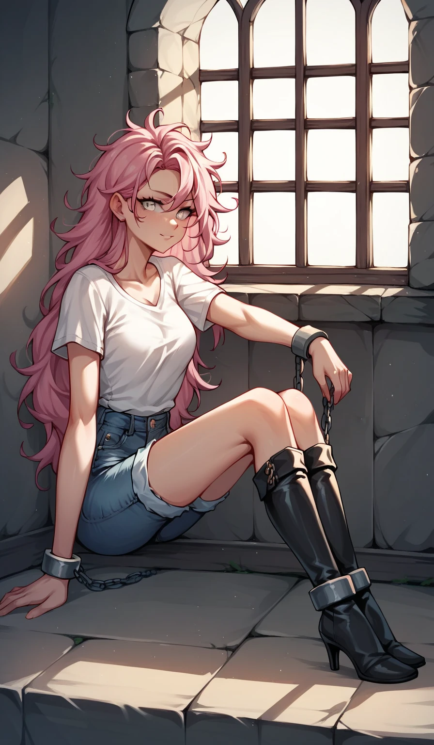 score_9, score_8_up, score_7_up, score_6_up, score_5_up, score_4_up, source_anime, 1woman, sit, stone bench, pink hair, long hair, white eyes, smile, w-w-chain, shackles, spread arms, messy hair, multicolored shirt, jeans shorts, thigh high boots, heels, headphones, Looking at the viewer,, close-up, dungeon, best quality, best res, 4K UHD,