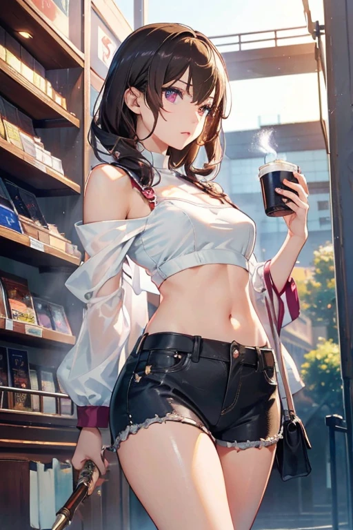 (masterpiece, Best Quality, ultra-detailed, high resolution, extremely detailed CG, official art, Professional Lighting, Perfect Anatomy, anime colors), (from below), looking at viewer, cowboy shot, perfect body, 24yo beautiful 1girl, medium hips, glamorous body,a small face,beautiful-makeup,Makeup light,Shortcut Hair,dark brown hair、Bust b Cup, Amazing Cleavage, thin waist, big ass, Raised sexy, big breast: 1.2 posed cleavage:1.2, (off shoulders,Sportsbra,legginullnude), micro denim shorts, bare legs, nail_polish, pale skin, Waiting friend, (morning:1.5), tokyo, (convenience store:1.3), outdoor, (depth of field:1.3), contrapposto, (Hold a coffee in your hand:1.3),delicate beautiful face, Bright magenta eyes, cute eyes, sparkling eyes, Big eyes, (big breasts:1.3), (perky chest:1.1), (pointed chest:1.3), looking at viewer,