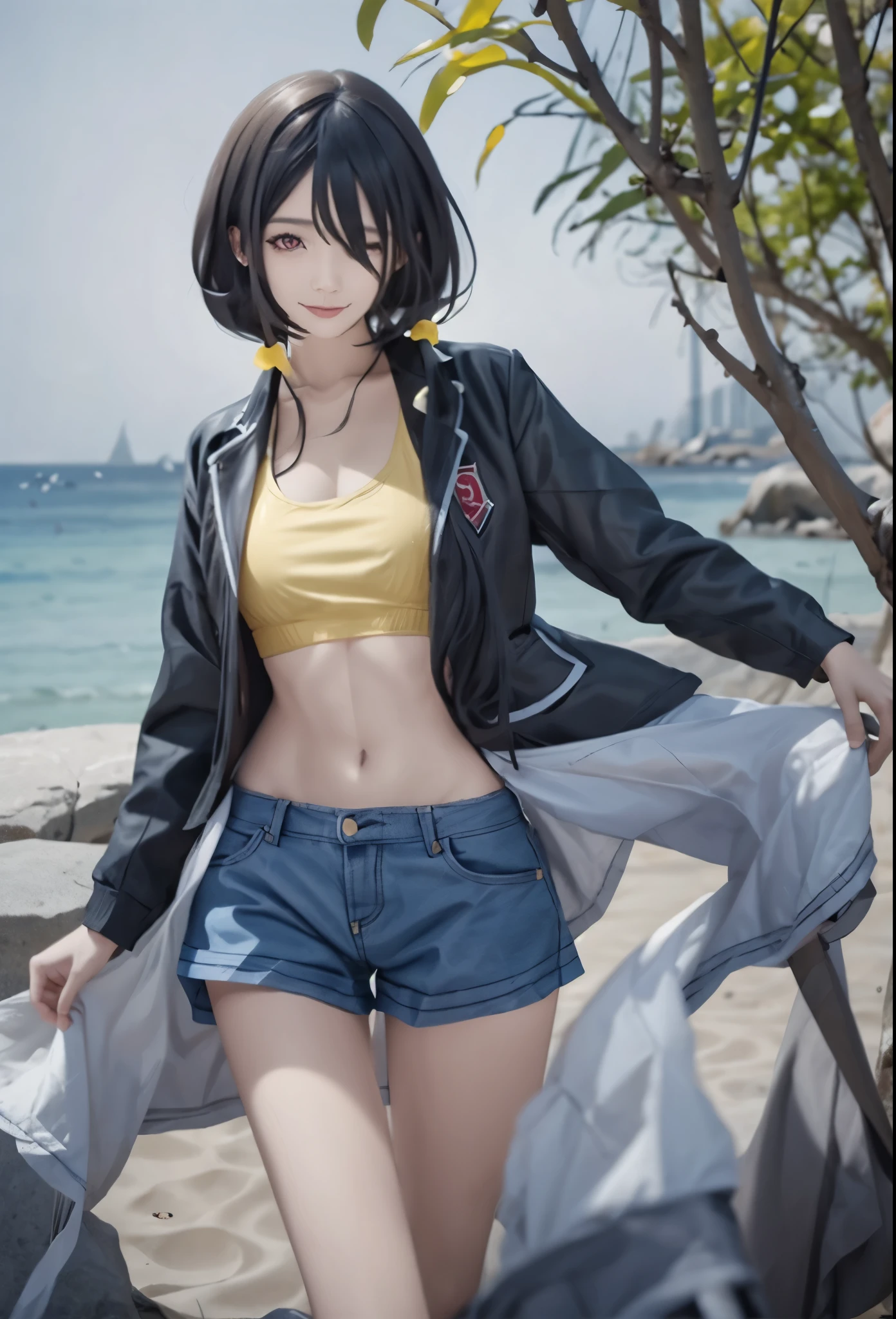 Super Detailed, very detailed,top quality, masterpiece, Illustration, 
 Long young people , dark-haired woman standing on a sandy beach with the ocean in the background. They are wearing black leather jackets with yellow accents, black crop top, blue denim shorts. with umbrellas and stone structures partially visible in the back。. The weather seems to be clear and clear.