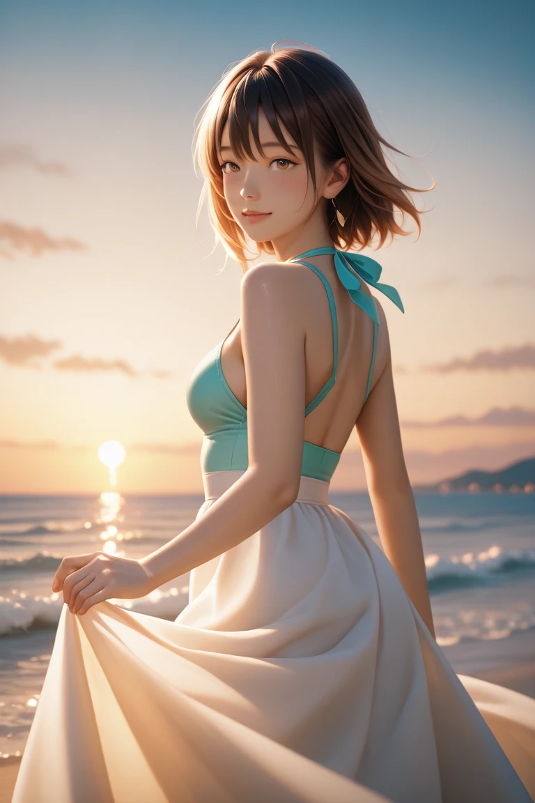 1girl, master part, extremamente detalhado, (belo brilho detalhado), Reflexo da lente, cabelos brancos, short hair, cabelos flutuantes, Looking back, back to back, sorrir, olhos azuis, vestido branco, medium breasts, parte superior do corpo, Arremesso longo, straw hat, ((Salar de Uyuni)), nascer do sol, nuvem, Backlighting, Purple sky, yellow sky, Gradient sky, hands on hat... Exibindo seus peitinhos todos molhados de
