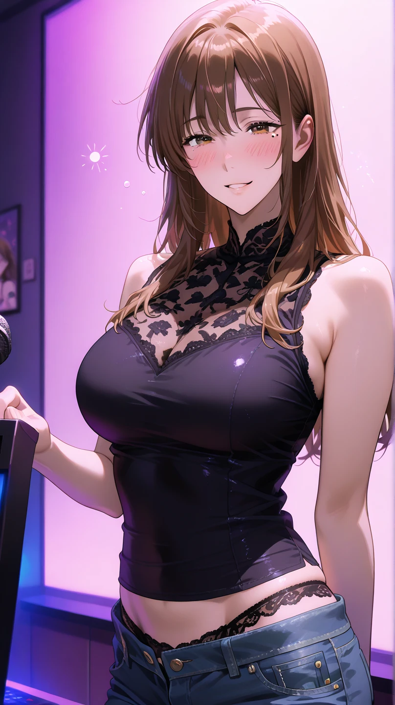 anime, beautiful face, highly detailed face, 2 accurate legs, pink detailed eyes, highly detailed background, perfect lighting, accurate arms, accurate hands, accurate fingers, blonde hair, full body, 1girl, solo, ruby hoshino, oshi no ko, , absurdres, high res, ultrasharp, 8K, masterpiece, looking at viewer, smile full of affection, mouth open smile, at a club, nightclub environment, night club clothes, pencil skirt, elegant pose, , detailed thighhighs, detailed heels,