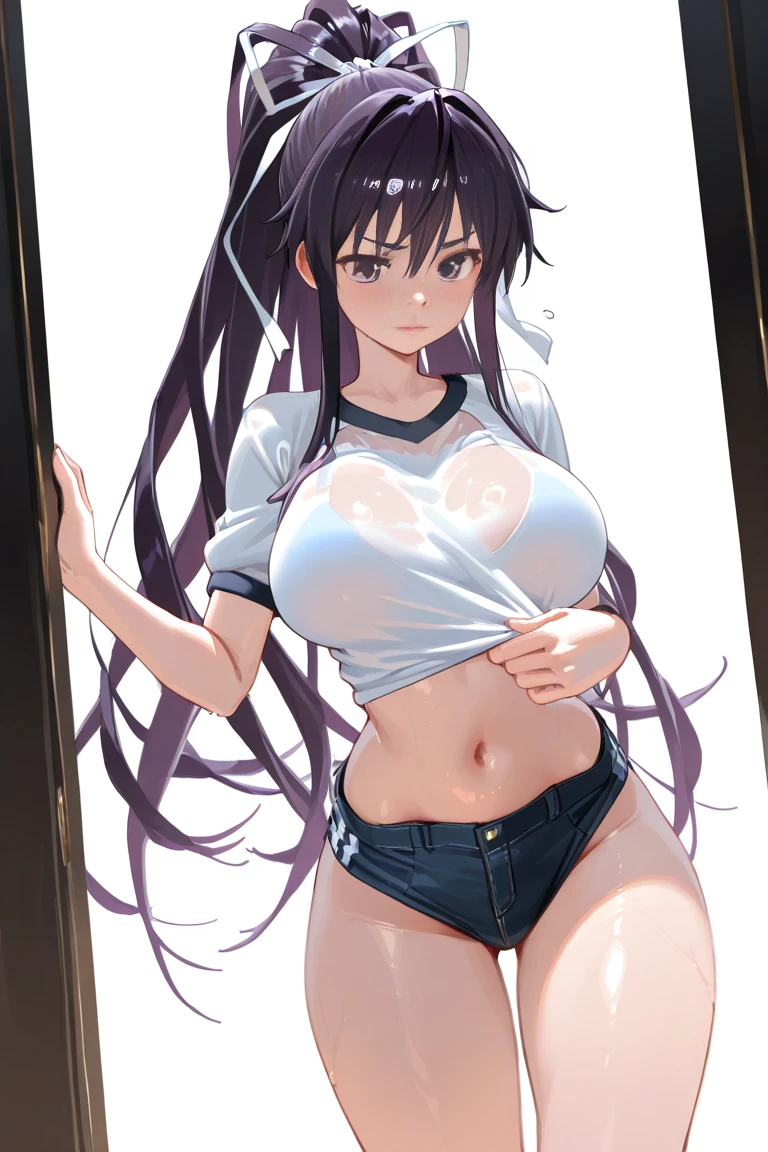 (mesa:1.2), realista, foto de 18 anos、Garota de camisa branca apertada(camisa desabotoada), metade  , melhor qualidade, (seios grandes:1.2), Ombros nus, decote, Nsfw Something?, [[Hands hidden behind the back]], brincos, Camisa completa, gargantilha preta, Sozinho, [sfw]、(Mini shorts jeans danificados、perna alta)、lindas pernas、beautiful abdomen、sente uma cadeira、Olhar de umbigo