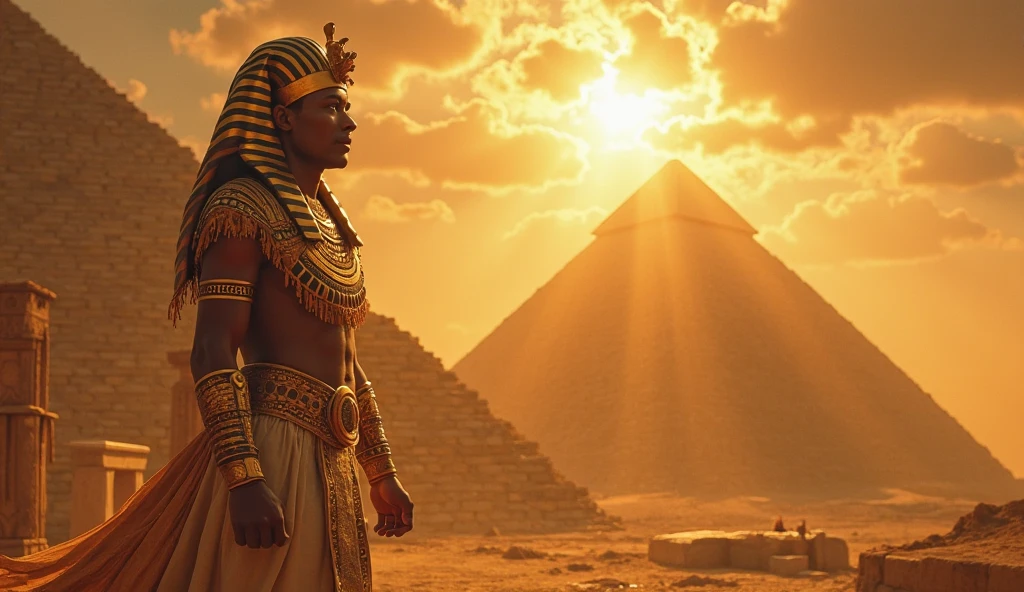Pharaoh on the top of pyramids of gizza . On the summit. Looking at sky. Looking at the sky sun 
