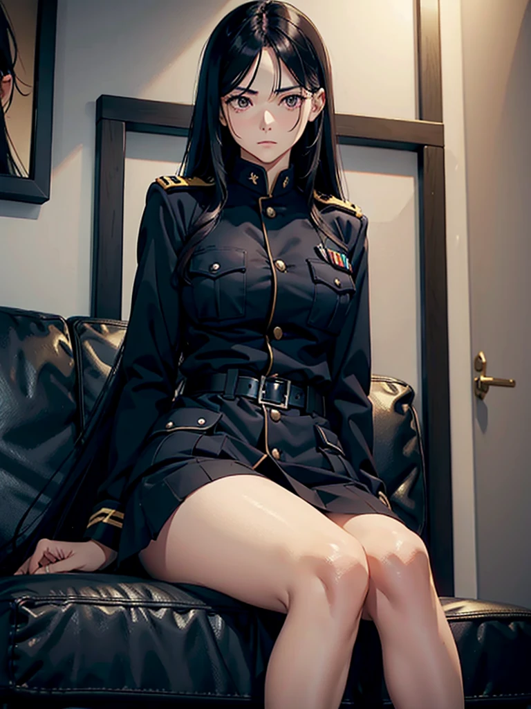 8k, (masterpiece: 1.4) (best quality: 1.4), (top quality), 1 girl, fayuri, black hair, black eyes, yellow dress, uniform, window, library, interior, looking at the audience, unicorn focus, (shiny skin), steaming body, sitting on sofa, bent legs, leaking white panties, long yellow over-the-knee riding boots, black stockings