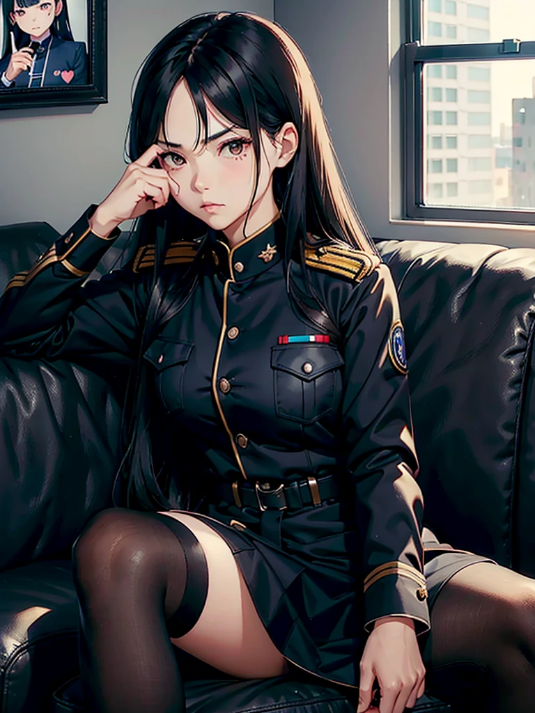 Beautiful Venezuelan woman, 25 years old, military, with beret with coat of arms, uniform, face with determination, long eyelashes, beautiful eyes with brightness, surrealism, shadow, stereogram, (photorealistic, realistic: 1.2), POV, atmospheric perspective, cinematic lighting, ray tracing, 8k, super detail, best quality, masterpiece, well detailed, (Canan EOS R6, 135mm, 1/1250s, f/2.8, ISO 400:0.9), weapons, neckline, back, round ass,  Venezuela, Caracas, flag