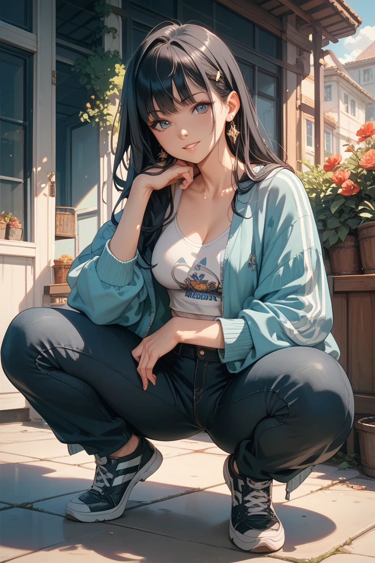 Generate a detailed, high-quality, 8k image of Hinata Hyuga from Naruto Shippuden, showcasing her full appearance and a modern, fashionable outfit suitable for contemporary settings.

Start by emphasizing Hinata's soft lavender hair, styled in loose waves that frame her face delicately. Her eyes should be a captivating shade of pale lavender, expressing her gentle yet determined spirit with intricate detail. Hinata's complexion should be fair, with a subtle flush of pink on her cheeks adding to her overall charm.

For her modern outfit, envision a trendy yet chic ensemble that reflects Hinata's personal style. Opt for a fitted denim jacket with distressed detailing, layered over a soft pastel-colored camisole. Pair this with high-waisted skinny jeans in a light wash, accentuating her slender figure and elongating her legs.

Accessorize the outfit with a delicate pendant necklace and a stack of minimalist bracelets for a touch of sophistication. Choose footwear that balances style and comfort, such as white sneakers or ankle boots with a subtle heel.

To complete the look, style Hinata's hair in a loose braid or a half-up, half-down hairstyle, adding a modern twist with a hair scarf or scrunchie. Keep her makeup natural and fresh, with rosy cheeks, glossy lips, and a subtle smoky eye to enhance her lavender gaze.

Capture Hinata in a confident yet relaxed pose, exuding warmth and elegance in her modern attire. Pay meticulous attention to detail in rendering her outfit and features, ensuring a highly realistic portrayal. Deliver a final image of the highest quality, showcasing Hinata Hyuga in her contemporary, fashion-forward ensemble.