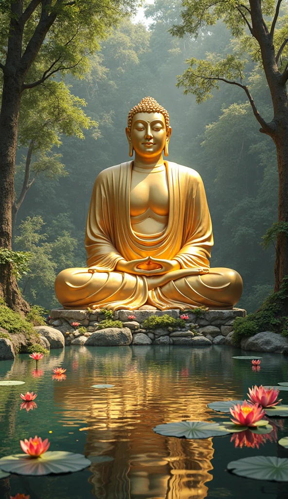 A golden Buddha in the middle of a lake with a lotus flower at his feet and lots of bamboo around with various spiritual symbols 