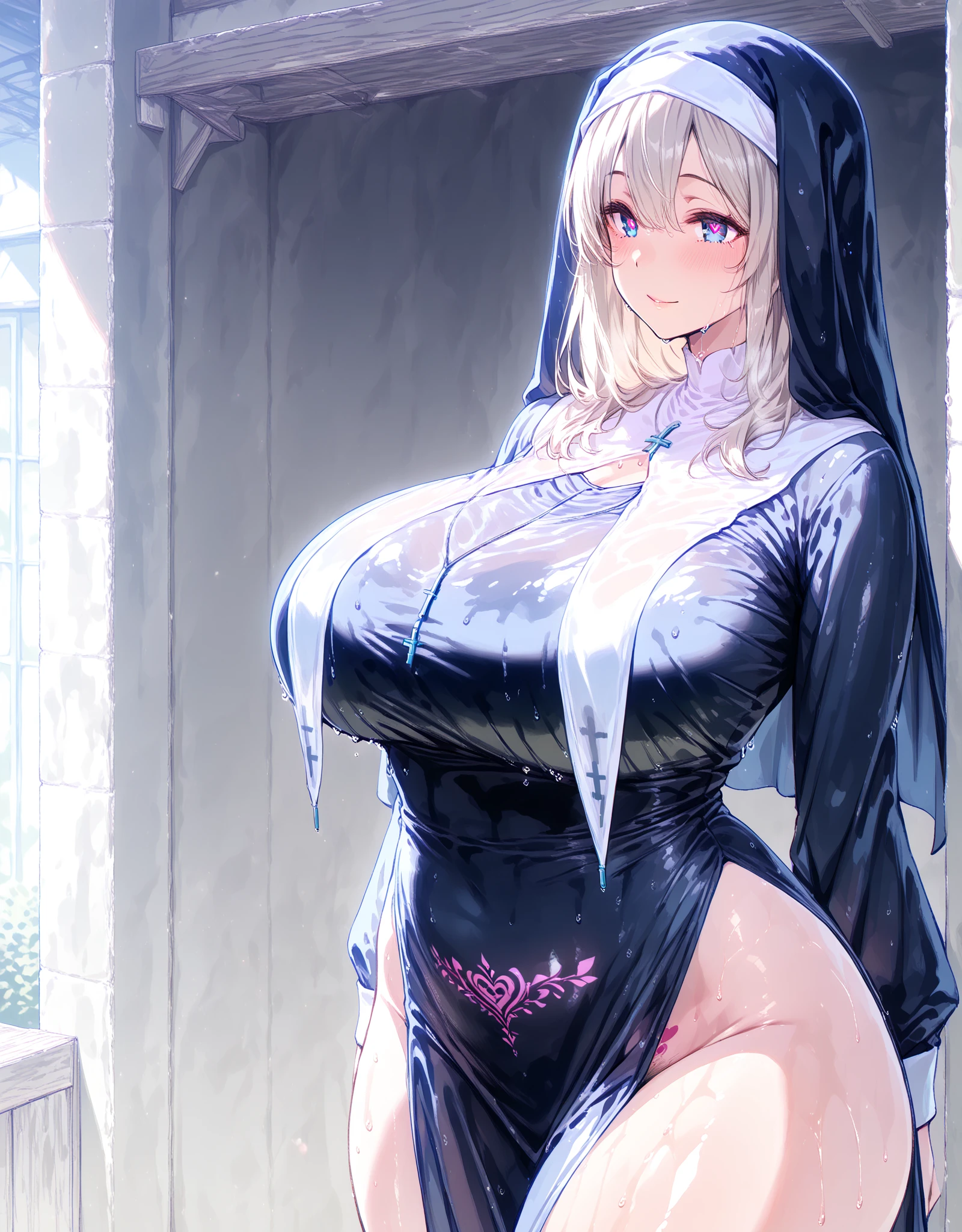 Gray Hair、Long Hair、Purple eyes、very, very big breasts、Nipples、Breast milk squirting、勃起したNipples、Face after climax、smile、Soaking wet、Mole on upper chest、Nipplesが少ない、(女Ninja)、(Ninja)、Adult sex appeal