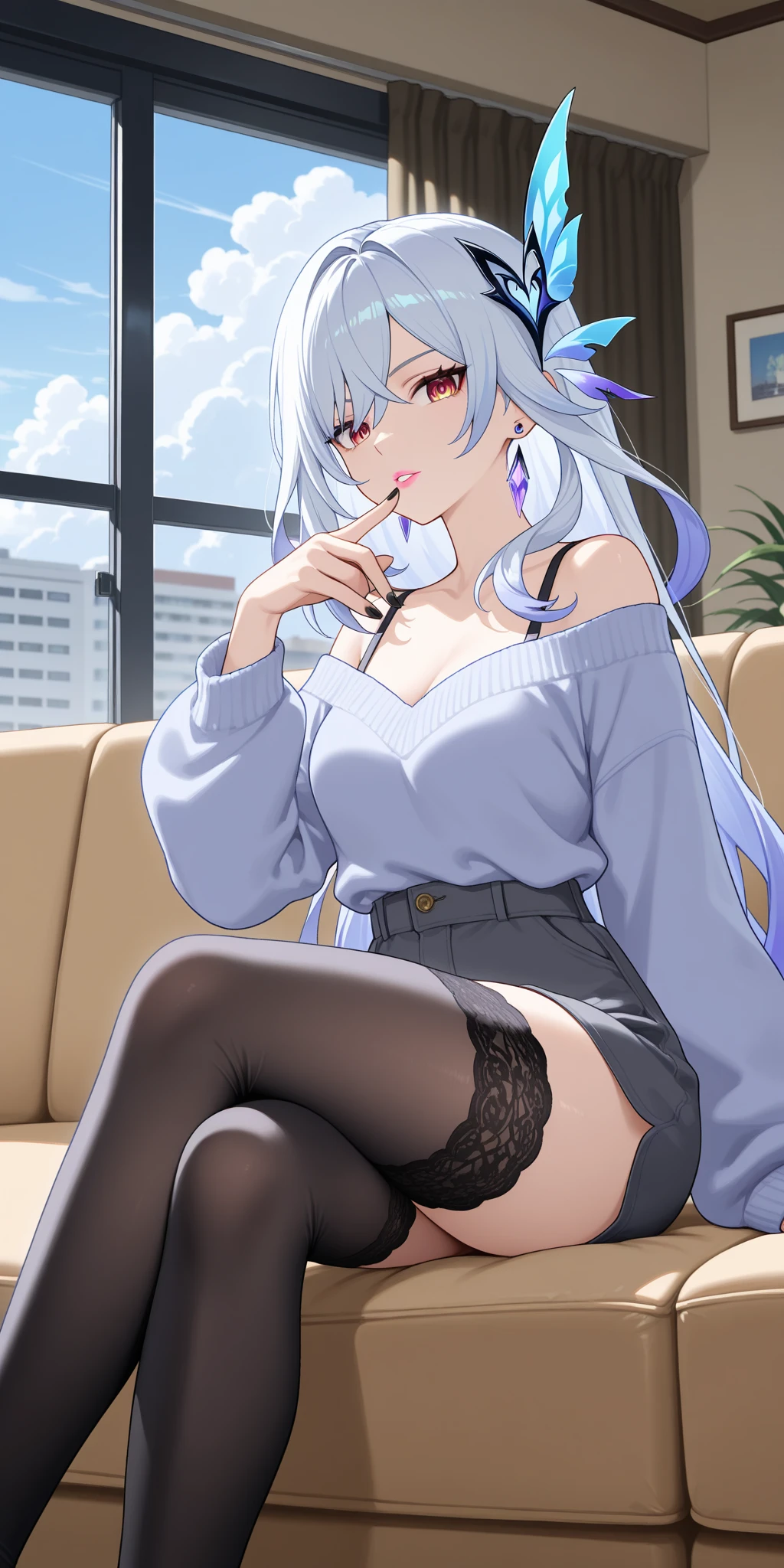 1girl, ahoge, animal ear fluff, animal ears, ass visible through thighs, bare shoulders, black jacket, blush, breasts, brown eyes, cellphone, cleavage, closed mouth, clothes pull, covered navel, cowboy shot, ear piercing, grey hair, hair between eyes, hand up, holding, holding phone, jacket, large breasts, leotard, long hair, long sleeves, looking at viewer, off shoulder, open clothes, open jacket, pantyhose, pantyhose pull, pendant choker, phone, piercing, see-through cleavage, smartphone, solo, sweatdrop, thigh strap, thighs, two-tone leotard, unzipped, v-shaped eyebrows, white leotard, zipper pull tab