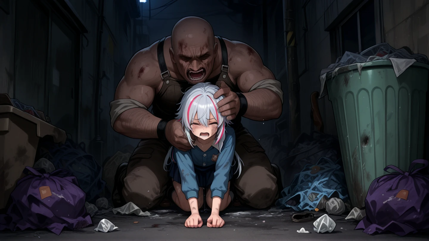 Sex , White hair, black red eyes, semi nude, torn clothes, crying, forcibly, abandoned city, Ukraine, country, white shirt with tie