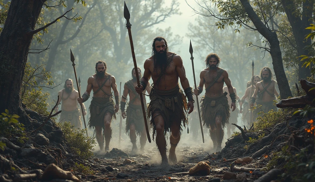 detailed battle scene, prehistoric humans fighting, large group of primitive men battling, vast war landscape, ancient warriors clashing, primitive tribal warriors, rugged terrain battlefield, rough stone weapons, chaos of battle, intense hand-to-hand combat, dusty environment, natural lighting, warm color palette, gritty realism, cinematic composition, dramatic lighting, volumetric fog, (best quality,4k,8k,highres,masterpiece:1.2),ultra-detailed,(realistic,photorealistic,photo-realistic:1.37)