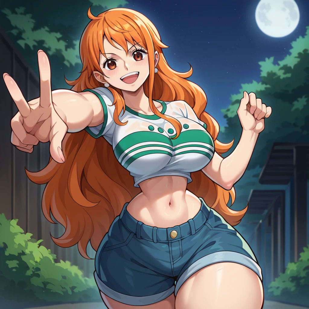 score_9, score_8_up, score_7_up, score_6_up, score_5_up, score_4_up, BREAK source_anime,POV,,smile,standing,nami_post, orange hair, long hair, wavy hair, side locks, brown eyes, gigantic breasts, narrow waist, black t-shirt,short sleeves,outdoors, night, full moon background