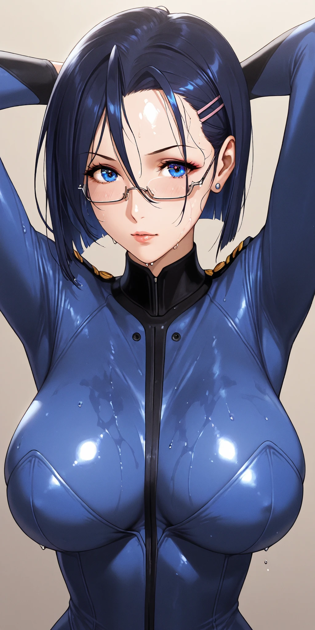 (Upper Body:1.3),(masterpiece:1.3),Portraiture, Realistic, blue eyes,(Perfect female body:1.4),(curve,model,glamorous:1.4),(slender:1.4),(shiny oiled skin),(arms behind head:1.3),(Blue bodysuit:1.3),(Beautiful breasts:1.4),(Large Breasts:1.4),(Dark blue hair:1.2),(Bright colors:1.3),(Rimless Glasses),(Shoulder length:1.4),(Turn away:1.4),(24-years-old),8k resolution, High quality CG, Beautiful CG,(slim:1.4),Soft Light,(smile:1.3),Ultra-high resolution,Highly detailed CG Unity 8k wallpaper,(Aesthetic Anime Eyes:1.3),(Inside the spaceship),