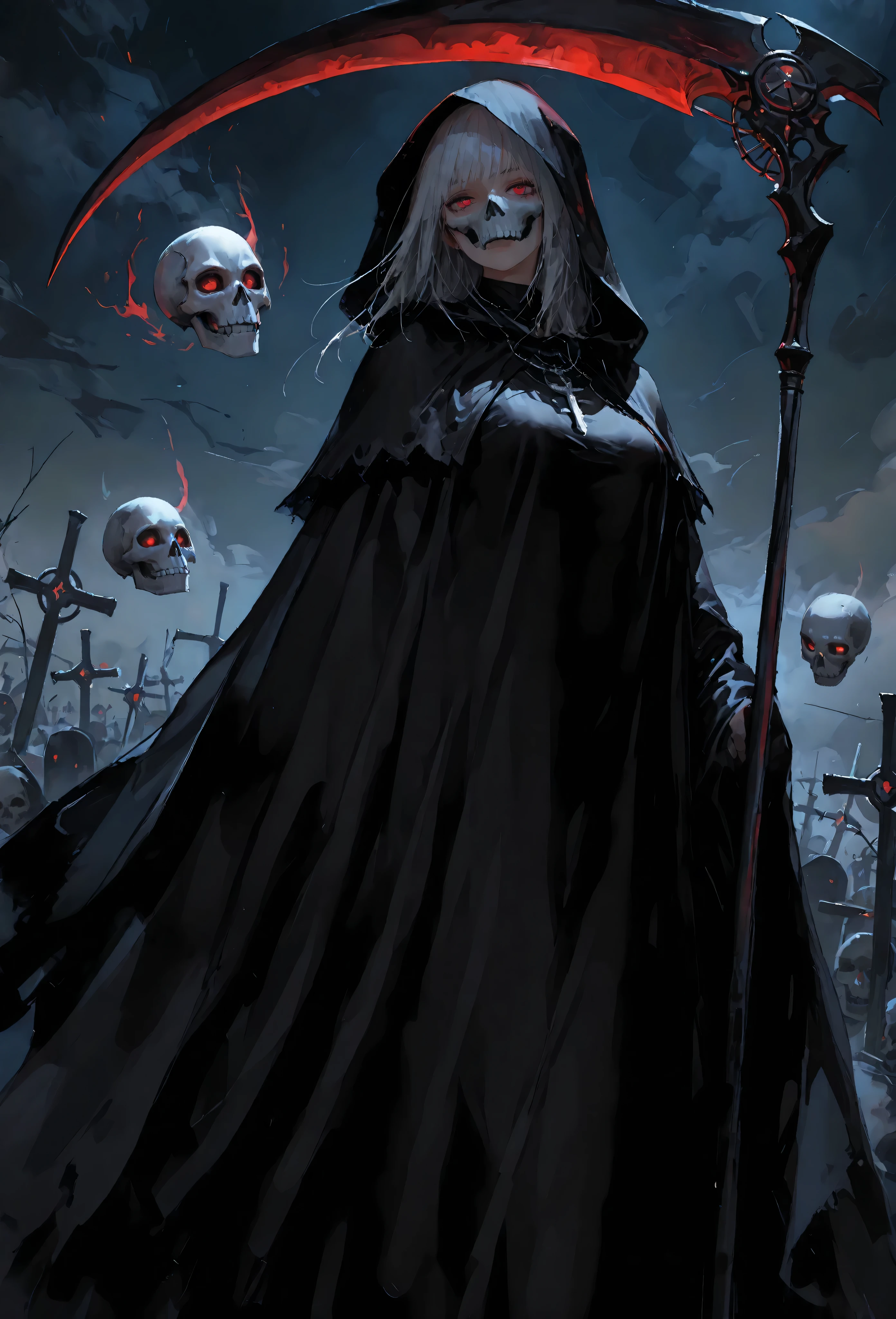 A warlock's patron, an undead king, with glowing blue eyes, in a dark forest, surrounded by a cold, gray color palette, a skeleton army in the background, wearing a bloodstained dress with a blood aura
