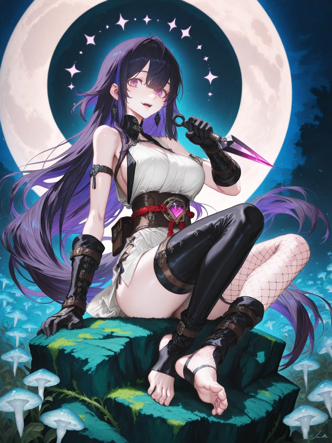 masterpiece, best quality, ultra detailed, watercolor and oil painting fusion, hot black artwork, white line art,  beautiful woman, 1 woman, kafka, beauty, perfect anatomy, perfect eyes, perfect fingers, perfect hands, anime girl, sexy bikini, thight, ass, breast, purple hair, seductive smile, full body, at night background, seductive, hot, spicy,