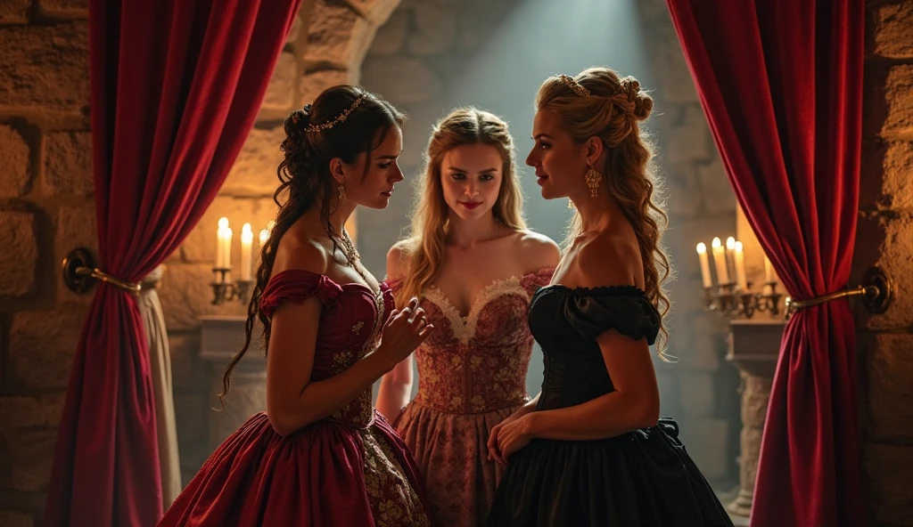 (Masterpiece, 8k, 16k, uhd, best quality, fantasy photograpy, epic imagination) ((Very detailed)), 2girls Swedish girls (cuddling, front to back:1.2) in a "empty gothic Cathedral", dressed in fine lingerie with lots of lace and shiny fabrics, beautiful, tender, the girls are kissing passionately, with her hands on her breasts, french kissing, film scene, cinematic lighting, rose dressees, red dresses, very long wavy blonde hair, woman blonde, big tits, no nude, no pornographic, erotic scene, all girls wear bras, smiling with lips parted and showing the tips of the incisor teeth.