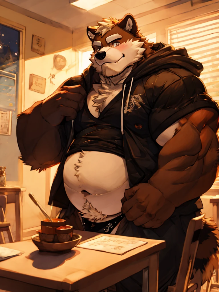solo, anthro, furry, furry male, skunk,((short fur,furry, shaggy fur, opaque fur)), (skunk print), black pupils, white sclera, black body, black fur, black muzzle, black fur on face, indigo eye, big skunk tail, detailed  fur, detailed face, detailed eyes, bare chest, (red t-shirt, red spiky armband, tight jean shorts), dining room, apartment, (by null-ghost,by raccoon21, masterpiece, high quality, hi-res, 8k, hd, dark), sitting, wooden chair, table, looking at viewer, day, gentle expression, musclegut skunk man, muscular, big belly, fat belly, obese belly, pillowy pectorals, soft pectorals, big pectorals, weight-lifter build, broad shoulders, black fur, indigo eyes, black nipples, pierced nipples, pink pawpads, mid 30s, relaxed, lazy, indigo smoke, Mohawk, no accessories, no necklaces